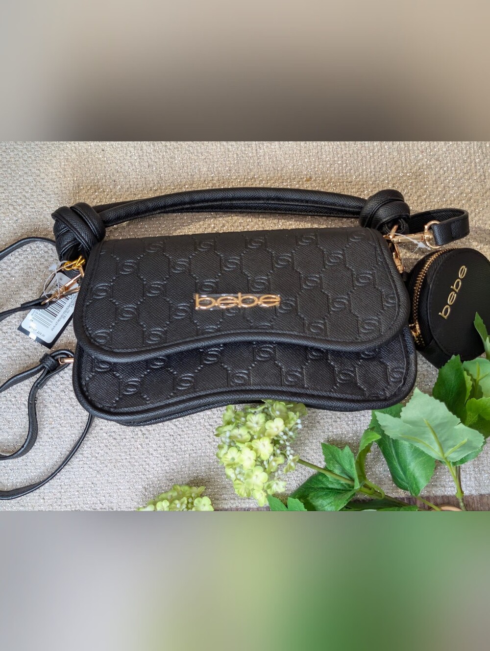 bebe Black Embossed Strap Coin Purse Top-Handle Bag with Gold Logo